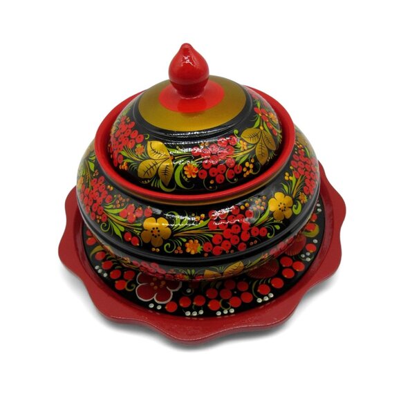 Lidded Sugar Bowl and Plate RUSSIAN LACQUERWARE from Russia - Picture 12 of 12